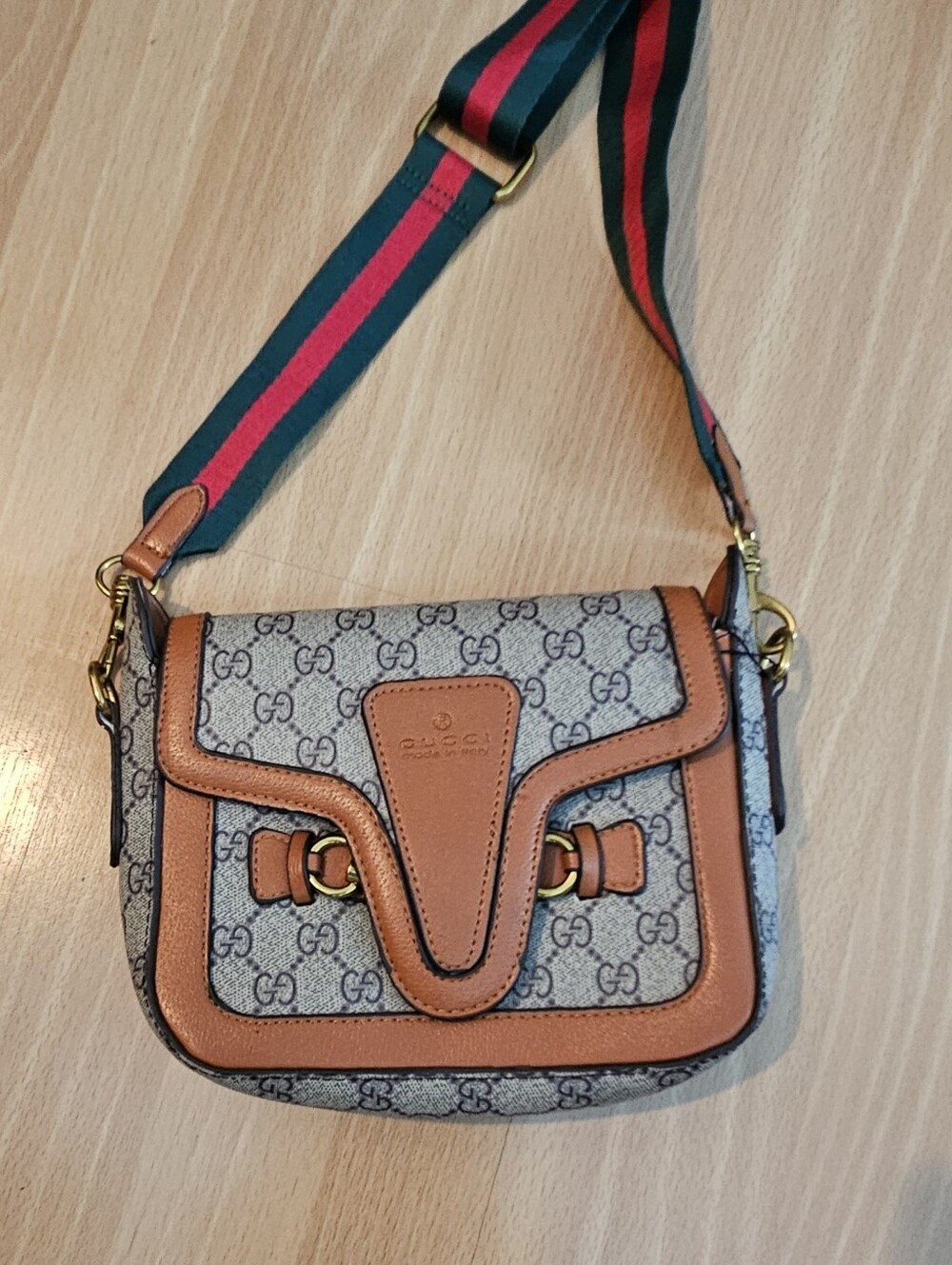 Designer Inspired Crossbody Bag with Tan Leather Trim and a Canvas Strap